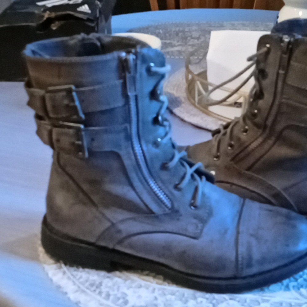 Grey distressed look moto boots